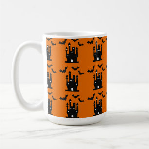 CANECA DE CAFÉ HALLOWEEN ORANGE & BLACK BATS & SPOOKY HOUSS