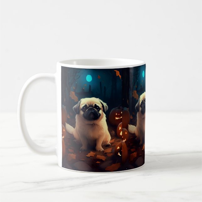 Caneca De Café Halloween Pekingese Com Pumpkins Assustado (Esquerda)