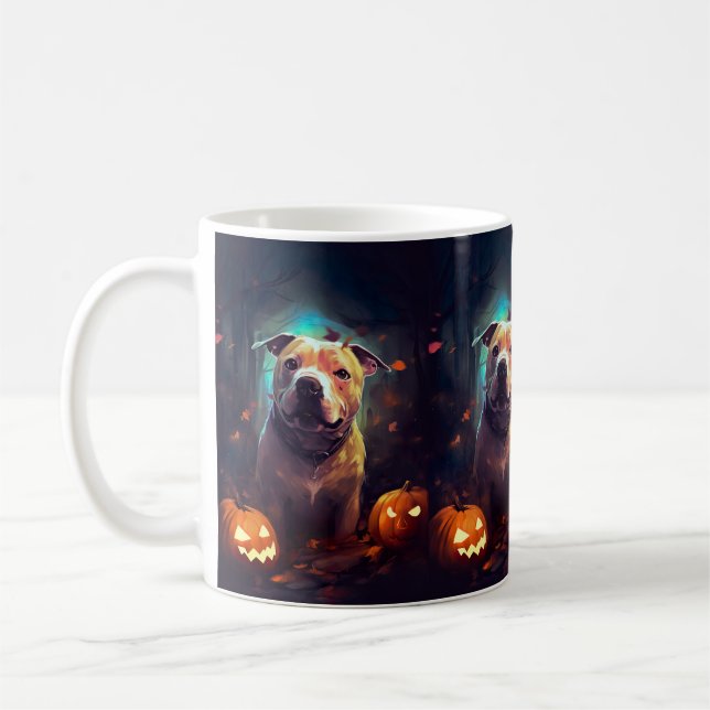 Caneca De Café Halloween Pitbull Com Pumpkins Assustado (Esquerda)