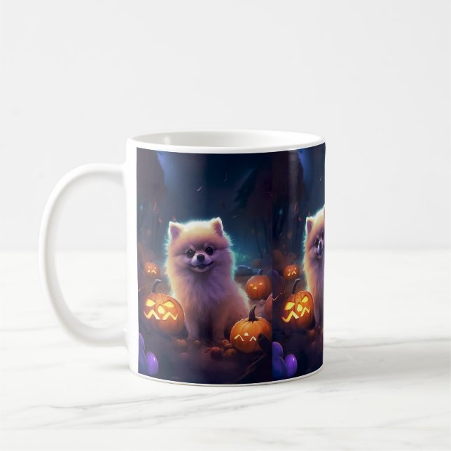 Caneca De Café Halloween Pomeranian Com Pumpkins Assustado (Esquerda)