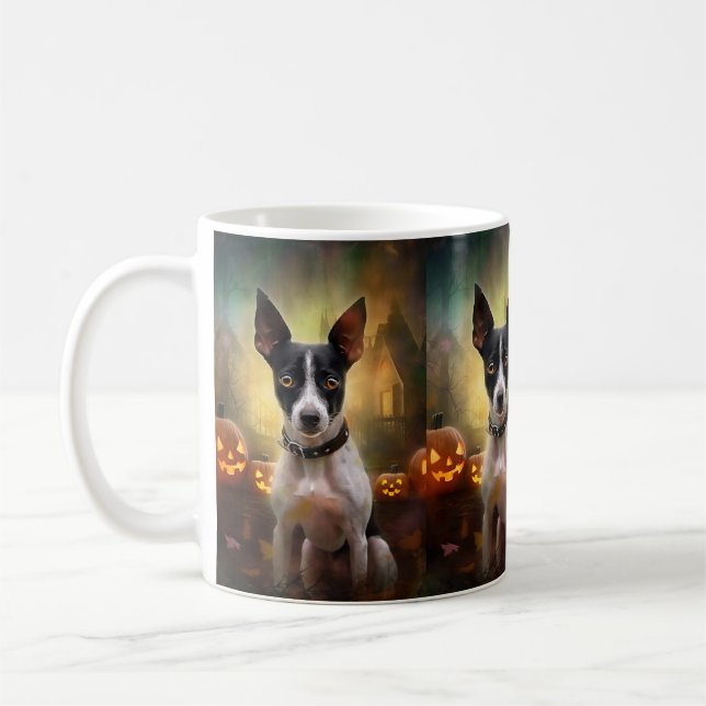 Caneca De Café Halloween Rat Terrier Com Pumpkins Assustado (Esquerda)