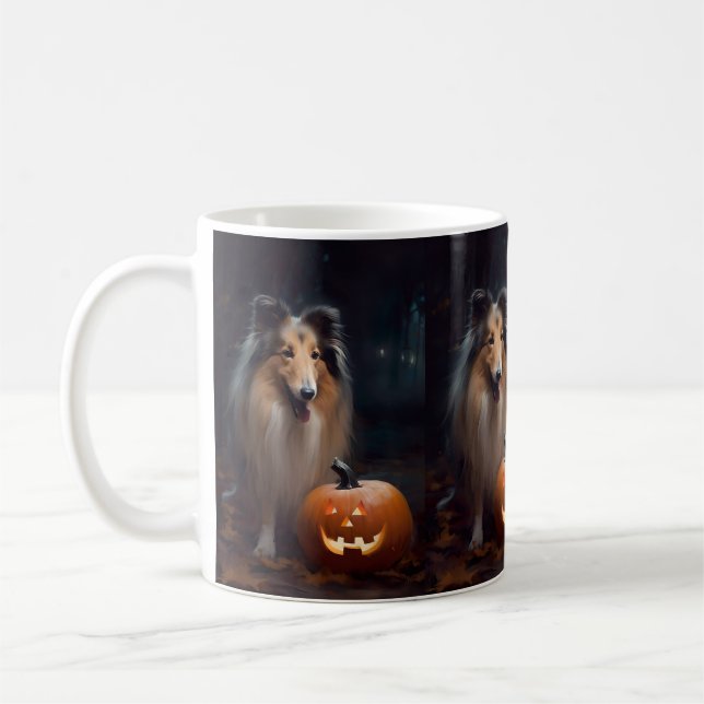 Caneca De Café Halloween Rough Collie Com Pumpkins Assustado (Esquerda)
