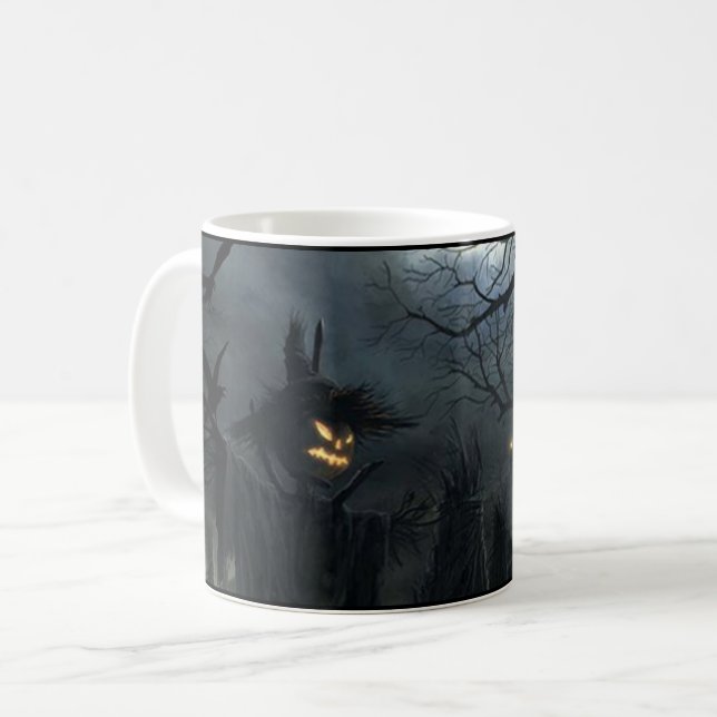 Caneca De Café Halloween Scarecrow Spooky Assustador Assustado Ou (Frente Esquerda)