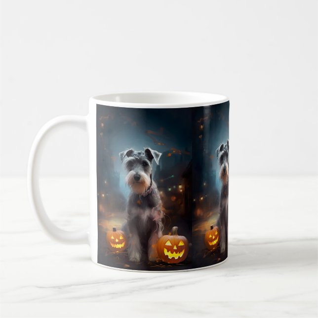Caneca De Café Halloween Schnauzer Com Pumpkins Assustado (Esquerda)