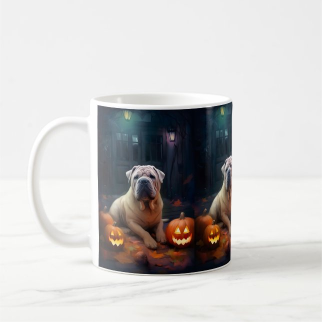 Caneca De Café Halloween Shar Pei Com Pumpkins Assustado (Esquerda)