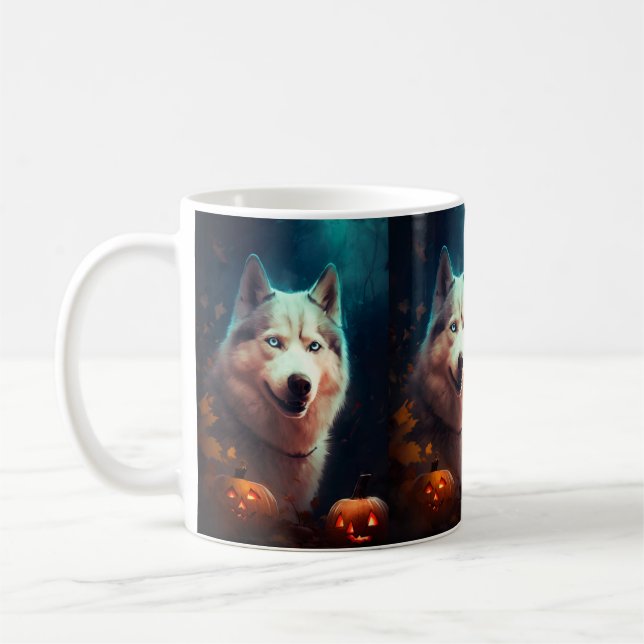 Caneca De Café Halloween Siberian Husky Com Pumpkins Assustado (Esquerda)