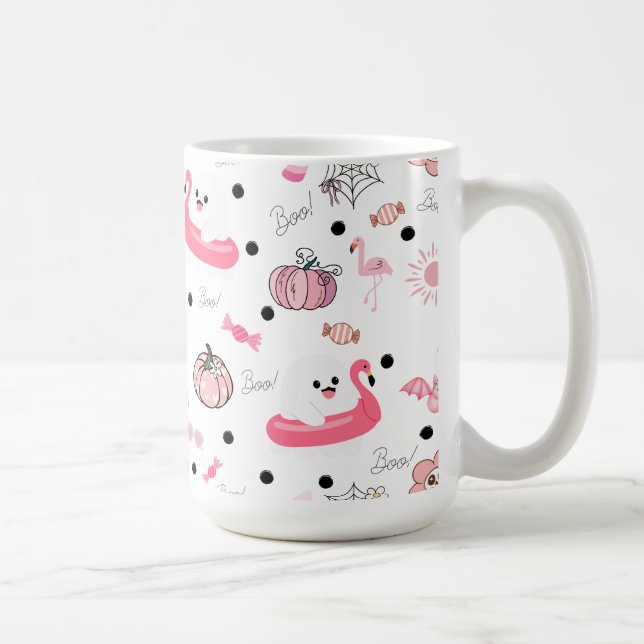 Caneca De Café Halloween Tropical Fofo - Fantasmas e Flamingos (Direita)