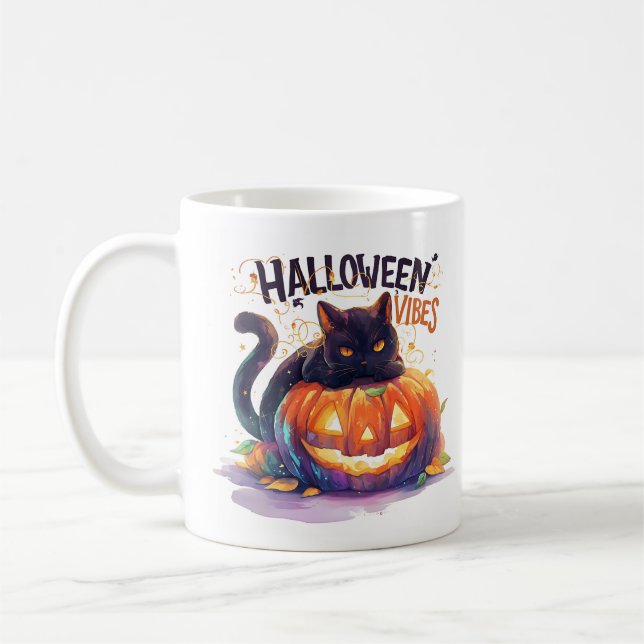 Caneca De Café Halloween Vibes - Gato Brilhante de Abóbora (Esquerda)