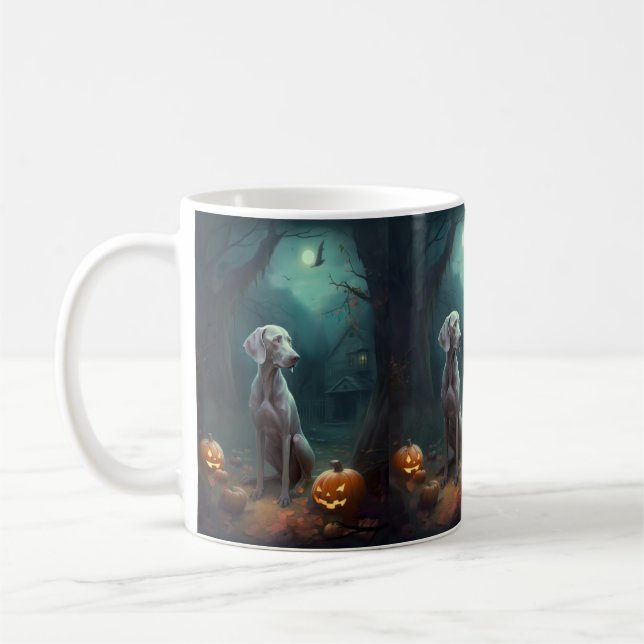 Caneca De Café Halloween Weimaraner Com Pumpkins Assustado (Esquerda)