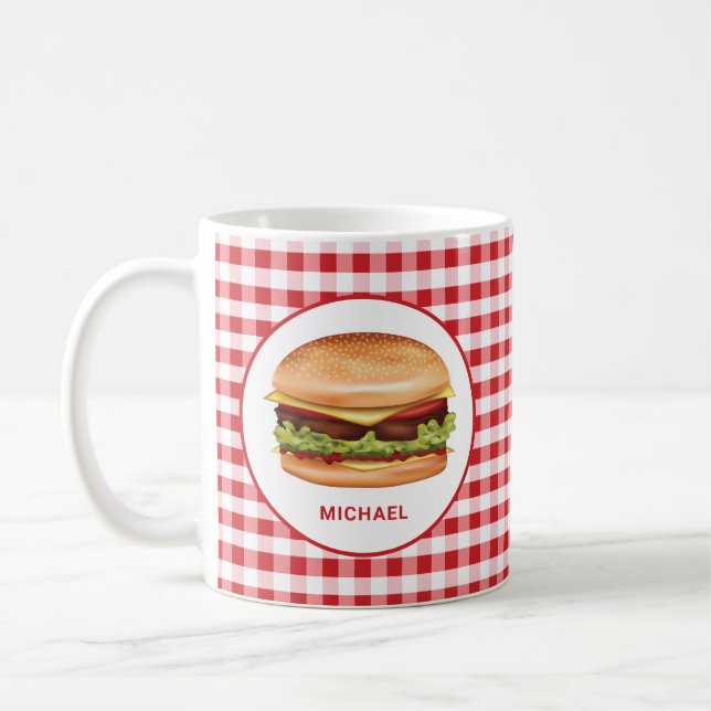 Caneca De Café Hamburger Em Red Gingham Com Texto Personalizado (Esquerda)
