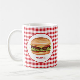 Caneca De Café Hamburger Sobre Xadrez Vermelho Com Texto Personal