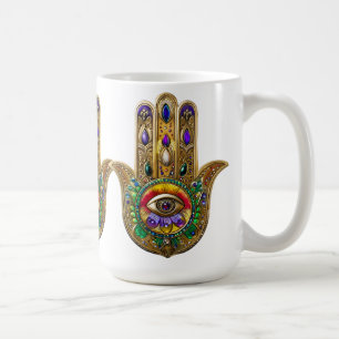 Caneca De Café Hamsa de Ouro Pintado Ametista Rubi Terceiro Olho
