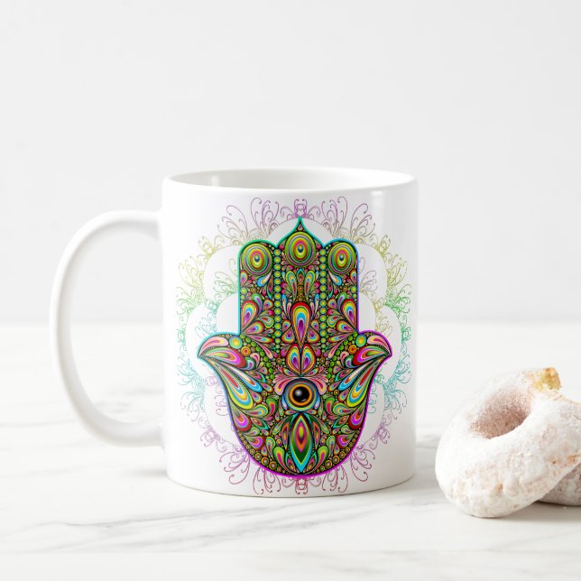 Caneca De Café Hamsa Fatma Mão Arte Psicodélica (Com Donut)