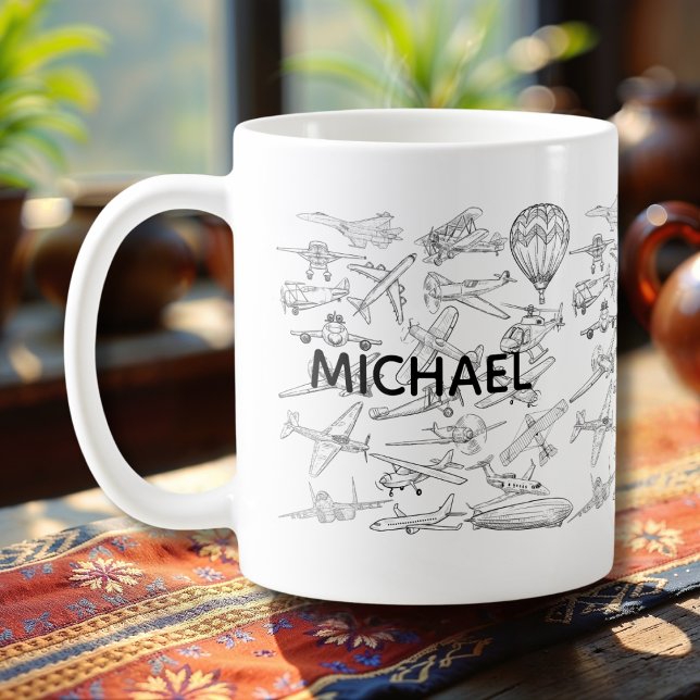 Caneca De Café Hand drawn Airplanes Aviation Pilot Aviator Fun (Criador carregado)