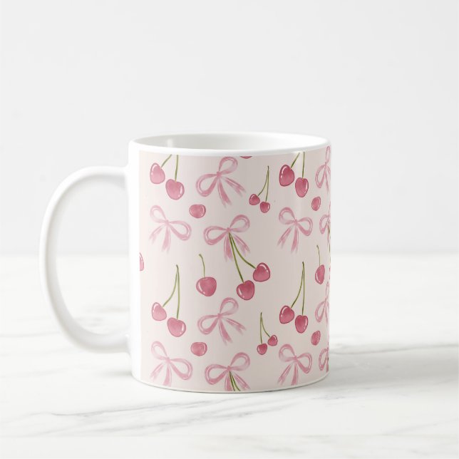 Caneca De Café Hand-drawn Pink Cherry Coquette Seamless Pattern (Esquerda)