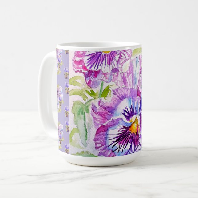 Caneca De Café Hand Painted Purple Pansy Pansies floral Latte Mug (Frente Esquerda)