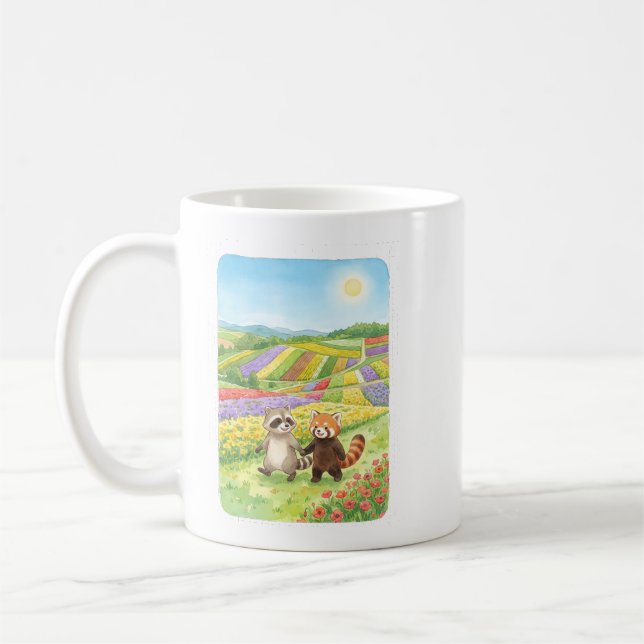 Caneca De Café Hand-Painted Raccoon & Red Panda Meadow (Esquerda)