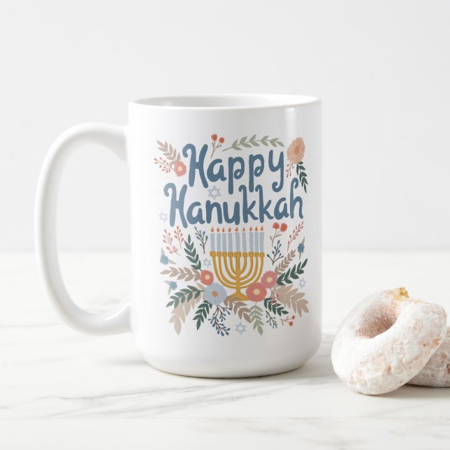 Caneca De Café Hanukkah FLorals Arte desenhada à mão (Com Donut)