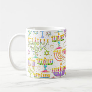 Caneca De Café Hanukkah White Dourada Menorah Star de David