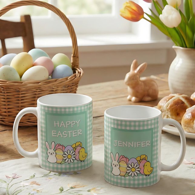 Caneca De Café Happy Easter Bunny Chick Eggs Green Gingham (Criador carregado)