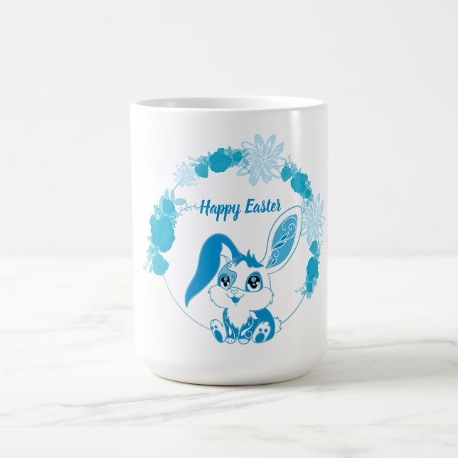 Caneca De Café Happy Easter Bunny  Cute Blue Kawaii (Centro)