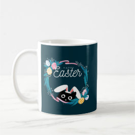 Caneca De Café Happy Easter Wreath, Black Cat with bunny ears