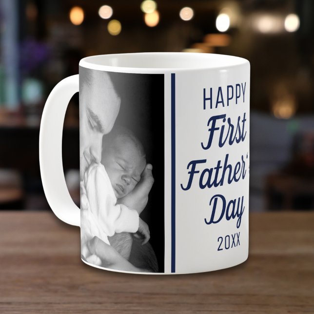 Caneca De Café Happy First Father's Day 2 Photo Blue And White (Criador carregado)