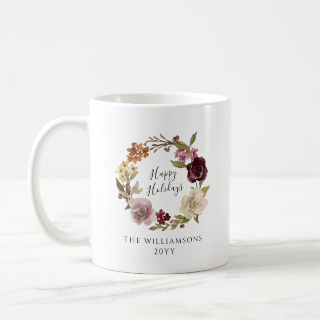 Caneca De Café Happy Holidays Floral Wreath Family Name (Esquerda)