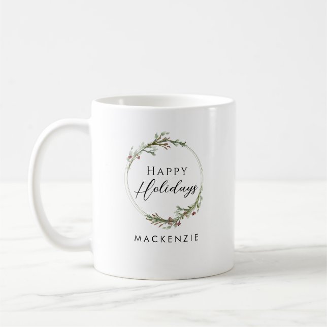 Caneca De Café Happy Holidays Minimalist Name Wreath (Esquerda)