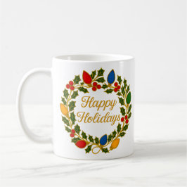 Caneca De Café Happy Holidays Wreath Christmas Lights and Holly