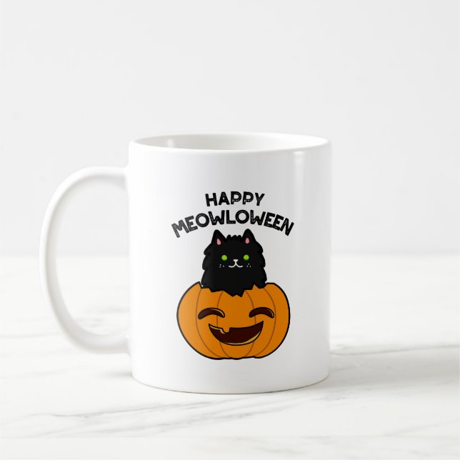 Caneca De Café Happy Meowloween Dia de as Bruxas engraçado Pun (Esquerda)