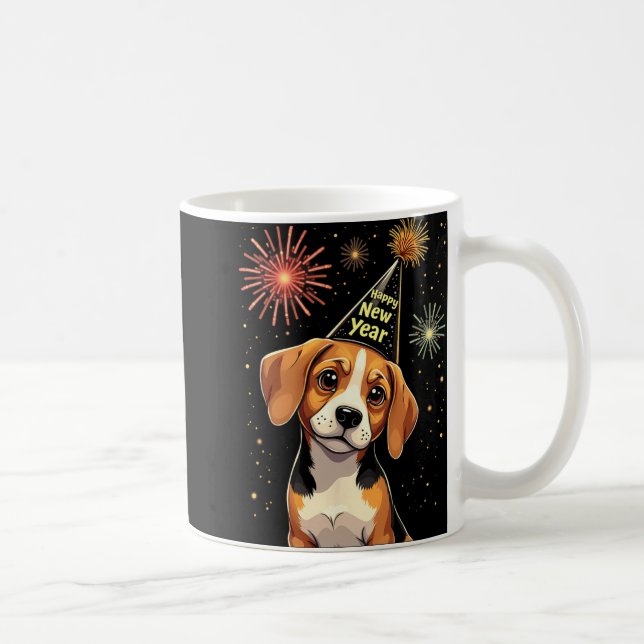 Caneca De Café Happy New Year 2025 Eve Firework Dog Funny Beagle  (Direita)
