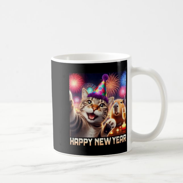 Caneca De Café Happy New Year 2026 Cute Cat Capybara Party Art  (Direita)