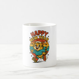 Caneca De Café Happy New Year Cat - Cute 80s Cartoon Skating  