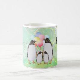 Caneca De Café happy penguin family with colorful balloons