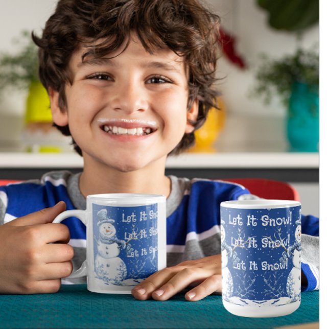 Caneca De Café Happy Snowman Snowflakes Blue White Let It Snow (Let it snow!)