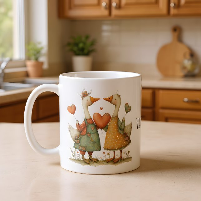 Caneca De Café Happy Valentine's Day Charming Geese (Criador carregado)