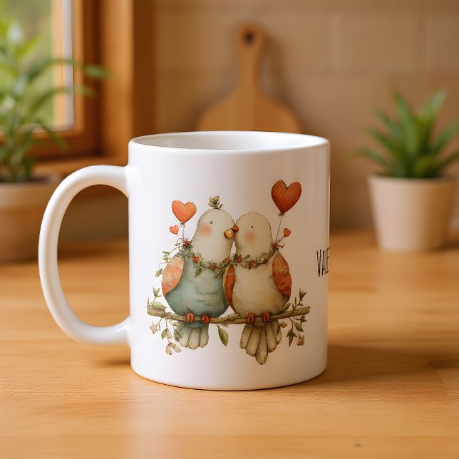 Caneca De Café Happy Valentine's Day Charming Love Birds (Criador carregado)