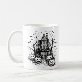 Caneca De Café Haunted House Black and White Halloween