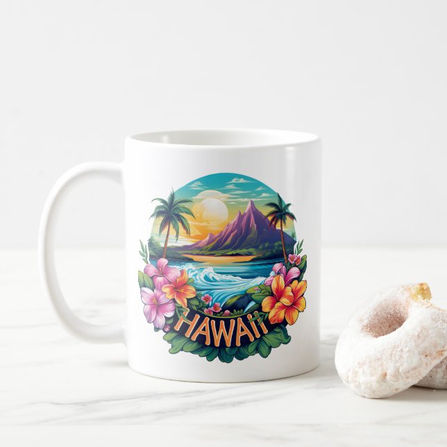 Caneca De Café Hawaii Aloha, Montanhas Tropicais de Praia Viagem (Com Donut)