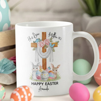 Caneca De Café He is Risen Happy Easter Gift with Cross & Bunnies