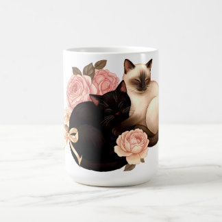 Caneca De Café Heartbound: Gatos Siameses e Pretos em Flor