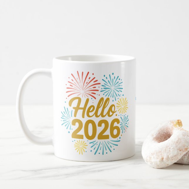 Caneca De Café Hello 2026 Fireworks (Com Donut)