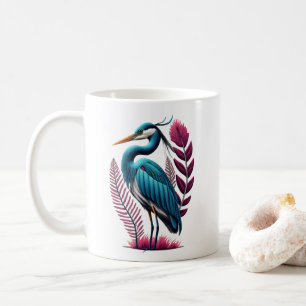 Caneca De Café Herão Azul com Penas Rosa Serena