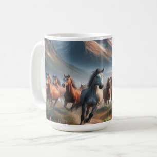 Caneca De Café Herd of Horses Galloping, Misty Mountain Scene