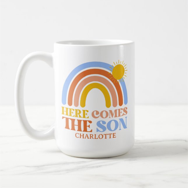 Caneca De Café Here Comes The Son Rainbow Boy Baby Shower (Esquerda)