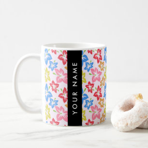 Caneca De Café Hibisco Colorido, Padrão de Flores, Seu Nome
