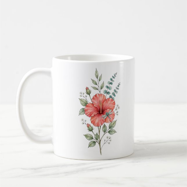 Caneca De Café Hibisco de Libélula Fofa Jardim de Aquarela (Esquerda)