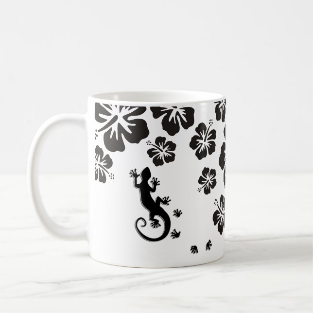 Caneca De Café hibisco floresce em preto com Geckos (Esquerda)
