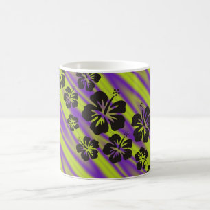 Caneca De Café hibisco floresce em preto ondas violetas verdes